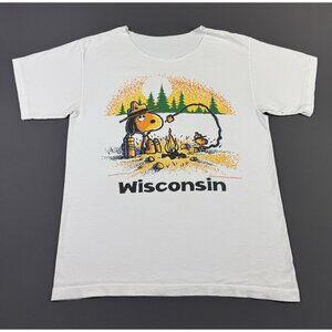Rare Vintage 90s Peanuts Snoopy Wisconsin Outdoor Camping Bonfire Art Cartoon T